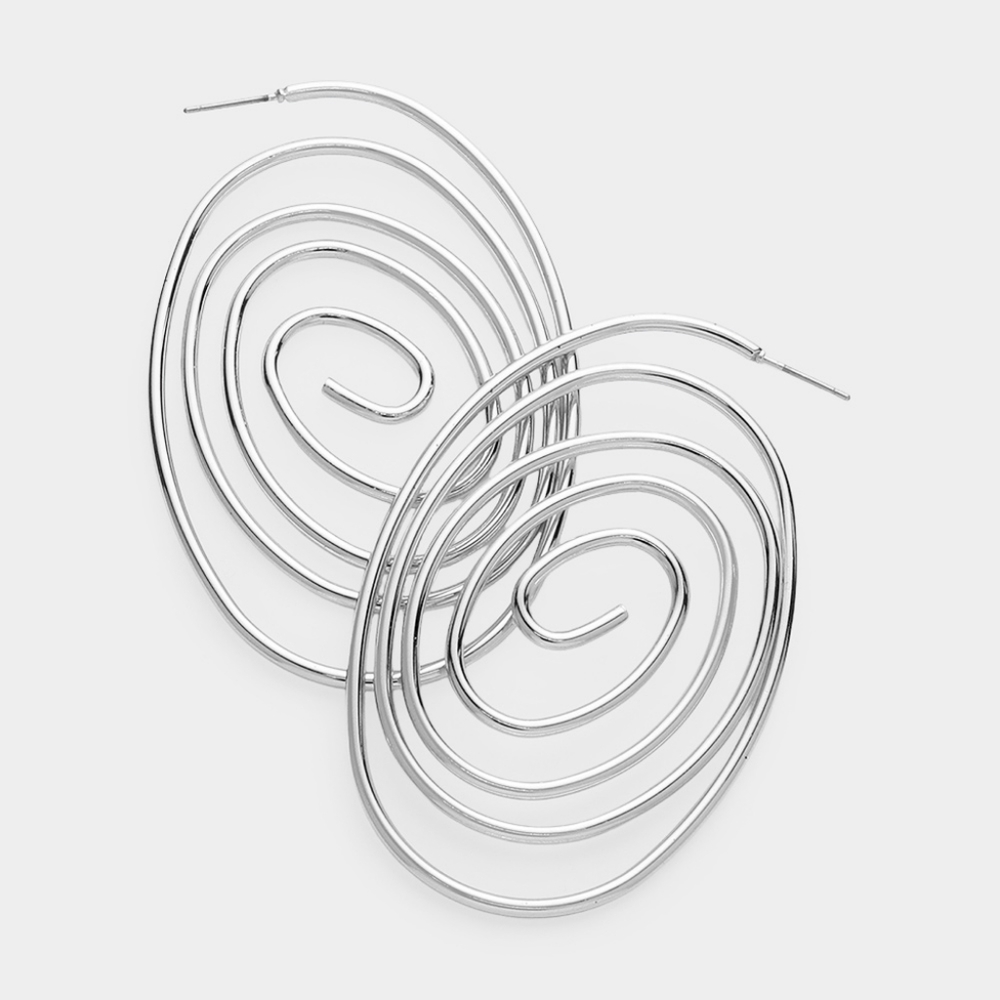 Silver Oval Swirl Design Hoop Metal Spiral Earrings 2.75 Cute Statement Jewelry - Picture 2 of 3